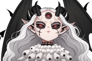 score_9, score_8_up, score_7, BREAK,
1girl, Megicula, colored sclera, black sclera, red eyes, slit pupil,  monster girl, long hair, white hair, floating hair, devil girl, pointy ears, 4 devil horns, horns, facial markings, facial marks, 3rd eyes, third eye, white eyelids, sharp teeth, grey skin, white skin, black horns, devil tail, demon tail, wings, multiple eyes , short devil female, 2 arms, Loli devil, solo,   

, 

, ((white background, blank background)):1.3   
