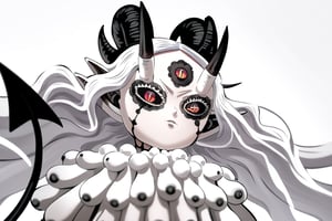 score_9, score_8_up, score_7, BREAK,
1girl, Megicula, colored sclera, black sclera, red eyes, slit pupil,  monster girl, long hair, white hair, floating hair, devil girl, pointy ears, 4 devil horns, horns, facial markings, facial marks, 3rd eyes, third eye, white eyelids, sharp teeth, grey skin, white skin, black horns, devil tail, demon tail, wings, multiple eyes , short devil female, 2 arms, Loli devil, solo,   

, 

, ((white background, blank background)):1.3   
