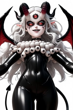 score_9, score_8_up, score_7, BREAK,
1girl, Megicula, colored sclera, black sclera, red eyes, slit pupil,  monster girl, long hair, white hair, floating hair, devil girl, pointy ears, 4 devil horns, horns, facial markings, facial marks, 3rd eyes, third eye, white eyelids, sharp teeth, grey skin, white skin, black horns, devil tail, demon tail, wings, multiple eyes , short devil female, 2 arms, Loli devil, solo,   

, 

, ((white background, blank background)):1.3   
