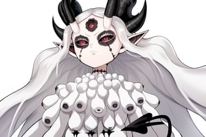 score_9, score_8_up, score_7, BREAK,
1girl, Megicula, colored sclera, black sclera, red eyes, slit pupil,  monster girl, long hair, white hair, floating hair, devil girl, pointy ears, 4 devil horns, horns, facial markings, facial marks, 3rd eyes, third eye, white eyelids, sharp teeth, grey skin, white skin, black horns, devil tail, demon tail, wings, multiple eyes , short devil female, 2 arms, Loli devil, solo,   

, 

, ((white background, blank background)):1.3   
