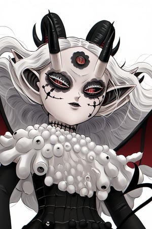 score_9, score_8_up, score_7, BREAK,
1girl, Megicula, colored sclera, black sclera, red eyes, slit pupil,  monster girl, long hair, white hair, floating hair, devil girl, pointy ears, 4 devil horns, horns, facial markings, facial marks, 3rd eyes, third eye, white eyelids, sharp teeth, grey skin, white skin, black horns, devil tail, demon tail, wings, multiple eyes , short devil female, 2 arms, Loli devil, solo,   

, 

, ((white background, blank background)):1.3   
