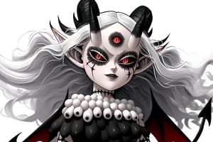 score_9, score_8_up, score_7, BREAK,
1girl, Megicula, colored sclera, black sclera, red eyes, slit pupil,  monster girl, long hair, white hair, floating hair, devil girl, pointy ears, 4 devil horns, horns, facial markings, facial marks, 3rd eyes, third eye, white eyelids, sharp teeth, grey skin, white skin, black horns, devil tail, demon tail, wings, multiple eyes , short devil female, 2 arms, Loli devil, solo,   

, 

, ((white background, blank background)):1.3   
