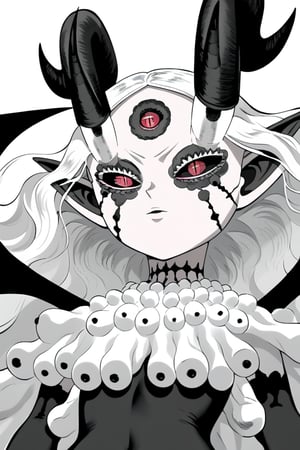 score_9, score_8_up, score_7, BREAK,
1girl, Megicula, colored sclera, black sclera, red eyes, slit pupil,  monster girl, long hair, white hair, floating hair, devil girl, pointy ears, 4 devil horns, horns, facial markings, facial marks, 3rd eyes, third eye, white eyelids, sharp teeth, grey skin, white skin, black horns, devil tail, demon tail, wings, multiple eyes , short devil female, 2 arms, Loli devil, solo,   

, 

, ((white background, blank background)):1.3   
