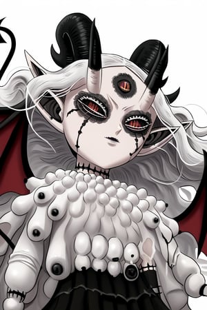 score_9, score_8_up, score_7, BREAK,
1girl, Megicula, colored sclera, black sclera, red eyes, slit pupil,  monster girl, long hair, white hair, floating hair, devil girl, pointy ears, 4 devil horns, horns, facial markings, facial marks, 3rd eyes, third eye, white eyelids, sharp teeth, grey skin, white skin, black horns, devil tail, demon tail, wings, multiple eyes , short devil female, 2 arms, Loli devil, solo,   

, 

, ((white background, blank background)):1.3   
