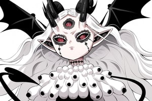 score_9, score_8_up, score_7, BREAK,
1girl, Megicula, colored sclera, black sclera, red eyes, slit pupil,  monster girl, long hair, white hair, floating hair, devil girl, pointy ears, 4 devil horns, horns, facial markings, facial marks, 3rd eyes, third eye, white eyelids, sharp teeth, grey skin, white skin, black horns, devil tail, demon tail, wings, multiple eyes , short devil female, 2 arms, Loli devil, solo,   

, 

, ((white background, blank background)):1.3   
