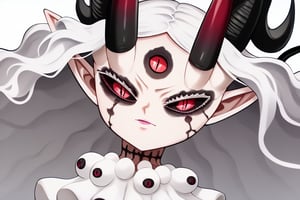 score_9, score_8_up, score_7, BREAK,
1girl, Megicula, colored sclera, black sclera, red eyes, slit pupil,  monster girl, long hair, white hair, floating hair, devil girl, pointy ears, 4 devil horns, horns, facial markings, facial marks, 3rd eyes, third eye, white eyelids, sharp teeth, grey skin, white skin, black horns, devil tail, demon tail, wings, multiple eyes , short devil female, 2 arms, Loli devil, solo,   

, 

, ((white background, blank background)):1.3   
