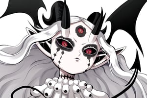 score_9, score_8_up, score_7, BREAK,
1girl, Megicula, colored sclera, black sclera, red eyes, slit pupil,  monster girl, long hair, white hair, floating hair, devil girl, pointy ears, 4 devil horns, horns, facial markings, facial marks, 3rd eyes, third eye, white eyelids, sharp teeth, grey skin, white skin, black horns, devil tail, demon tail, wings, multiple eyes , short devil female, 2 arms, Loli devil, solo,   

, 

, ((white background, blank background)):1.3   
