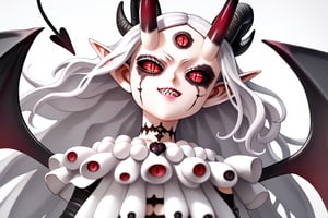 score_9, score_8_up, score_7, BREAK,
1girl, Megicula, colored sclera, black sclera, red eyes, slit pupil,  monster girl, long hair, white hair, floating hair, devil girl, pointy ears, 4 devil horns, horns, facial markings, facial marks, 3rd eyes, third eye, white eyelids, sharp teeth, grey skin, white skin, black horns, devil tail, demon tail, wings, multiple eyes , short devil female, 2 arms, Loli devil, solo,   

, 

, ((white background, blank background)):1.3   
