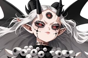 score_9, score_8_up, score_7, BREAK,
1girl, Megicula, colored sclera, black sclera, red eyes, slit pupil,  monster girl, long hair, white hair, floating hair, devil girl, pointy ears, 4 devil horns, horns, facial markings, facial marks, 3rd eyes, third eye, white eyelids, sharp teeth, grey skin, white skin, black horns, devil tail, demon tail, wings, multiple eyes , short devil female, 2 arms, Loli devil, solo,   

, 

, ((white background, blank background)):1.3   
