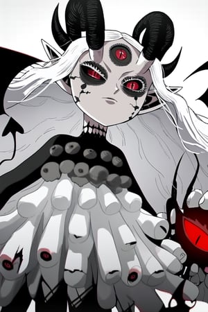 score_9, score_8_up, score_7, source_anime, anime screencap, BREAK,
1girl, Megicula, colored sclera, black sclera, red eyes, slit pupil,  monster girl, long hair, white hair, floating hair, devil girl, pointy ears, 4 devil horns, horns, facial markings, facial marks, 3rd eyes, third eye, white eyelids, sharp teeth, grey skin, white skin, black horns, devil tail, demon tail, wings, multiple eyes, dress, short devil female, 2 arms, 

, 

, ((white background, blank background)):1.3   
,