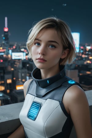 score_9, score_8_up, score_7_up, , cinematic , 1girl , , ,Realistic, HD, masterpiece, photography , , cute , light skin , Generate an image of a young woman with short blonde hair and bright blue eyes, dressed in a sleek, high-tech outfit with neon accents and a futuristic hairstyle. She lies on her back on the rooftop of a high-rise building, gazing up at the stars through a gap in the city's skyscrapers. Her eyes are cast upwards, lost in thought, with a distant, dreamy look on her face. Her eyelids are slightly relaxed, and her eyebrows are slightly furrowed, as if she's deep in thought. The cityscape stretches out behind her, with neon lights and holographic advertisements illuminating the dark sky. Her expression should be calm and introspective, as if lost in thought.