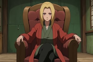 Tsunade of Naruto, Tsunade Senju is sitting on a chair creating an imposing vibe in konoha village.