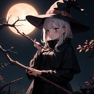 WITCH on broom stick dirctly covered by moon light