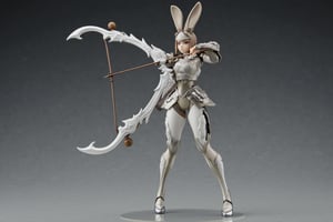 A highly detailed PVC figure of a personified rabbit general, standing poised and ready for action. The general wears sleek, lightweight armor, designed with smooth lines and sharp accents, providing both protection and agility. His long, muscular legs and athletic build are emphasized through the armor's form-fitting design, while his hands grip a large, mystical bow known as the 'Qiankun Bow.' This bow, intricately crafted with flowing curves and ancient runes, is legendary for its ability to strike targets with unerring accuracy, symbolizing the rabbit's unmatched skill in archery. The general stands with one foot slightly forward, his body tensed as if preparing to release an arrow with deadly precision. His long ears are raised high, reflecting his heightened senses and quick reflexes, constantly alert to his surroundings. The soft fur on his face contrasts with the cold, metallic sheen of his armor, giving him a blend of strength and agility. The PVC material enhances the figure's collectible quality, with rich details in silver, white, and light brown tones. His ears and posture emphasize his swift and agile nature, while the scene conveys a sense of tension and readiness as if the next shot is destined to hit its mark, no matter the distance. a 3D rendering of a figurine, Fantasy detailers, RPG Style