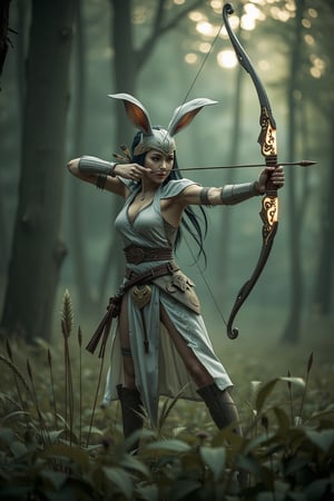 A striking portrayal of a beautiful woman transformed into a rabbit general, dressed in lightweight, flexible armor adorned with delicate carvings that blend seamlessly with her surroundings, allowing her to move effortlessly through the forest. She wields a mystical, intricately crafted bow that glows faintly, the legendary 'Qiankun Bow,' known for its unparalleled precision. Her long, agile rabbit ears are poised and alert, enhancing her awareness and agility, making her an elusive figure in the dense woods. Concealed among the trees and tall grasses, she draws her bow with intense focus, her gaze fixed on distant targets. Each arrow flies straight and true, guided by her flawless aim, hitting the mark every time from a hundred paces. This scene captures her as the ultimate symbol of stealth, precision, and agility, a warrior of unerring skill and unmatched grace in the art of archery. (realistic), (fighting stance:1.3), (dynamic-action), in the air,Fantasy detailers 