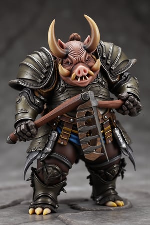 A highly detailed PVC figure of a personified pig general, merging both agility and ferocity in a single imposing form. The general is clad in robust, battle-worn armor, designed to protect his large, rotund body while allowing for surprising fluidity in his movements. The armor features intricate engravings and heavy plating, emphasizing his role as a powerful warrior despite his stout appearance, with flexible joints that enable him to maneuver swiftly across the battlefield.
In his hand, he grips a massive nine-tooth rake, a fearsome weapon with thick, sharp prongs designed to crush and impale his enemies. The rake’s long, sturdy handle is etched with battle scars, a testament to the many fights it has seen. The pig general wields it with ease, his hands positioned expertly to control the weapon’s weight and power, making him both a deadly and precise combatant.
His facial features are dominated by two large, sharp boar tusks that curve outwards from his jaw, adding a layer of intimidation to his already formidable presence. These tusks, gleaming under the light, further amplify his fierce and untamed nature, giving him the aura of a relentless warrior who charges into battle without hesitation. Despite his bulky physique, his movements are swift and calculated, showcasing an unexpected agility that makes him a formidable opponent on the battlefield.
The PVC material highlights the contrast between the rugged texture of his armor, the sharp gleam of his tusks, and the solid heft of the rake. His imposing tusks, combined with his nimble movements, create a captivating balance of brute strength and quick reflexes, marking him as a truly unique and fearsome general. a 3D rendering of a figurine, Fantasy detailers, RPG Style