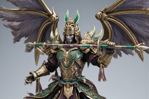 A highly detailed PVC figure of a personified dragon general, standing with a commanding and regal presence. The general is dressed in ornate, battle-worn armor, adorned with intricate dragon motifs that wrap around his chest and shoulders, reflecting his fierce strength and dragon-like power. On his head, he wears a jade crown, symbolizing both his nobility and his connection to ancient, mystical forces. In his right hand, he grips a long spear, the shaft decorated with swirling dragon patterns that seem almost alive, shimmering with a metallic sheen. At his waist hangs a finely crafted sword, its hilt wrapped in tassels that gently sway, adding a touch of elegance to his otherwise fearsome appearance.
The general's entire posture exudes an aura of confidence and dominance, his broad chest puffed out and his stance firm as he stands ready for battle. Behind him, a pair of large, powerful wings spread wide, each feather finely detailed, allowing him to take flight and soar through the heavens with ease. His wings, combined with his fearsome armor, give him the appearance of a warrior who can both rule the skies and dominate the battlefield. The PVC material highlights the sleekness of his armor, the shimmer of his crown, and the fluidity of his wings in mid-motion. His presence is awe-inspiring, as if he were about to leap into the sky, riding the winds and commanding the clouds with his indomitable spirit. a 3D rendering of a figurine, Fantasy detailers, RPG Style