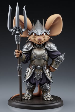 A highly detailed PVC figure of a personified mouse general, standing confidently in dynamic pose. The general wears intricately designed armor with metallic textures, giving off a reflective sheen under light. The armor features engravings and sharp edges, showing battle readiness. The general holds a powerful, sharp trident in one hand, with its prongs gleaming, ready to strike. The most distinctive feature is the large, round ears reminiscent of a classic cartoon character, giving the general a heightened sense of awareness. His alert posture and intense gaze suggest that he's prepared to react to the slightest disturbance. The PVC material adds a polished, collectible appearance to the figure, with subtle shading and a mix of silver, bronze, and gray tones. a 3D rendering of a figurine, Fantasy detailers, RPG Style