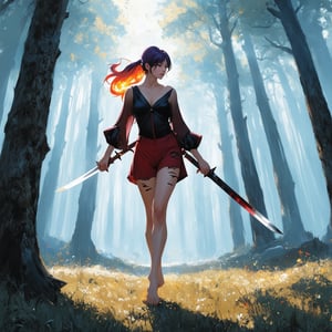 A beautiful Taiwanese girl with long iris purple and orange-red gradated hair tied into a ponytail, wearing a wide-open blouse and damaged red super short hot pants, barefoot, holding a long sword that blends ice and fire. She stands confidently in a misty forest, the soft light filtering through the trees highlighting her ethereal appearance. The composition captures her dynamic pose, with the sword in hand and the mist swirling around her, creating a mystical and powerful atmosphere.