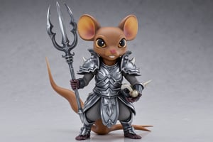 A highly detailed PVC figure of a personified mouse general, standing confidently in dynamic pose. The general wears intricately designed armor with metallic textures, giving off a reflective sheen under light. The armor features engravings and sharp edges, showing battle readiness. The general holds a powerful, sharp trident in one hand, with its prongs gleaming, ready to strike. The most distinctive feature is the large, round ears reminiscent of a classic cartoon character, giving the general a heightened sense of awareness. His alert posture and intense gaze suggest that he's prepared to react to the slightest disturbance. The PVC material adds a polished, collectible appearance to the figure, with subtle shading and a mix of silver, bronze, and gray tones. a 3D rendering of a figurine, Fantasy detailers, RPG Style