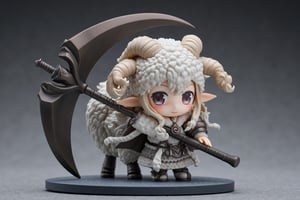 A highly detailed PVC figure of a personified sheep general, combining both an adorable and deadly aesthetic. The general is dressed in lightweight, finely crafted armor that still allows her soft, fluffy sheep wool to be visible, creating a unique blend of battle-readiness and cuteness. Her wool is sculpted with delicate, intricate textures that emphasize her innocent and petite appearance, giving her the look of a charming young girl. However, in stark contrast to her cute, loli-like design, she wields an enormous, menacing scythe—a weapon of the Grim Reaper.
The scythe is massive, with a long, twisted handle and an impossibly large, wickedly curved blade that gleams darkly, suggesting immense destructive power. The oversized weapon dwarfs her small frame, creating a striking visual contrast that combines her innocence with an underlying deadly force. Despite the scythe’s intimidating size, she handles it with ease, as if it were a natural extension of her. Her expression is one of soft innocence, with wide, curious eyes and a gentle smile, adding to the overall sense of dissonance between her appearance and the dangerous weapon she carries.
Her posture is relaxed yet confident, as if unfazed by the gravity of the scythe in her hand, further enhancing the contrast between her cute, childlike appearance and the fearsome, battle-ready aura she radiates. The PVC material highlights the softness of her wool, the shine of her armor, and the cold, lethal sheen of her scythe, making her both a captivating and unsettling figure. The juxtaposition of her small, adorable form with the oversized Grim Reaper scythe creates an intriguing visual balance of cuteness and danger. a 3D rendering of a figurine, Fantasy detailers, RPG Style