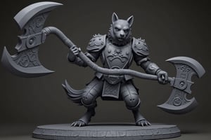 A highly detailed PVC figure of a personified dog general, radiating loyalty and strength. The general is clad in sturdy, practical armor that speaks to his no-nonsense approach to battle, designed with a rough, rugged texture that conveys both durability and reliability. The armor is functional rather than flashy, yet it carries an undeniable sense of authority, reinforcing his role as a steadfast protector.
In his powerful hands, he grips an enormous battle axe, a 'Heaven-Splitting Axe' with a heavy, brutal design. The axe’s thick, broad blade is etched with ancient symbols of protection, and its sheer size suggests incredible destructive power. Despite the weapon's immense weight, he wields it with ease, a testament to his unmatched strength and dedication. His posture is solid and grounded, exuding calm confidence, while his expression is one of unwavering loyalty and resolve, showing that he is ready to defend those he serves at any cost.
The general’s face is simple, yet his eyes reflect the depth of his loyalty, hinting at a character that values duty and honor above all else. His entire demeanor is that of a true guardian—quiet, dependable, and unstoppable in the face of danger. The PVC material accentuates the rough texture of his armor and the sharp, imposing lines of his massive axe, while the subtle details of his expression convey both strength and gentleness. His presence as an unwavering protector is palpable, making him the embodiment of loyalty and guardianship. a 3D rendering of a figurine, Fantasy detailers, RPG Style