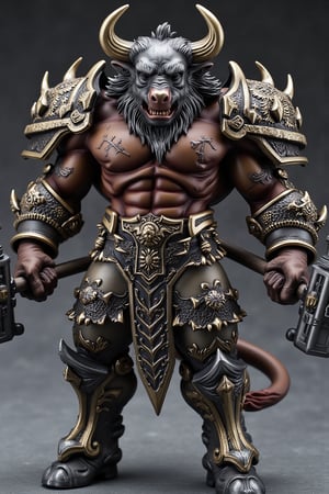 A highly detailed PVC figure of a personified bull general, standing powerfully in a dominant pose. The general is clad in heavy, intricately designed armor, with metallic textures that shimmer under light. The armor covers his broad chest and shoulders, adorned with sharp engravings and battle scars, indicating countless fights. His muscular arms, rippling with power, hold a pair of enormous war hammers in each hand. These war hammers are colossal, with spiked, metal heads and decorated handles, giving off an aura of destructive power. The bull's thick neck and large, curved horns emphasize his formidable presence, while his bulging muscles across his entire body showcase his immense physical strength. His posture suggests that he’s ready for battle, exuding an indomitable spirit. The PVC material adds a polished, collectible quality to the figure, with rich details in silver, dark bronze, and hints of red accentuating the fierce look. a 3D rendering of a figurine, Fantasy detailers, RPG Style