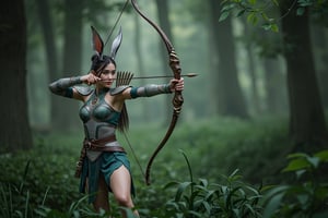 A striking portrayal of a beautiful woman transformed into a rabbit general, dressed in lightweight, flexible armor adorned with delicate carvings that blend seamlessly with her surroundings, allowing her to move effortlessly through the forest. She wields a mystical, intricately crafted bow that glows faintly, the legendary 'Qiankun Bow,' known for its unparalleled precision. Her long, agile rabbit ears are poised and alert, enhancing her awareness and agility, making her an elusive figure in the dense woods. Concealed among the trees and tall grasses, she draws her bow with intense focus, her gaze fixed on distant targets. Each arrow flies straight and true, guided by her flawless aim, hitting the mark every time from a hundred paces. This scene captures her as the ultimate symbol of stealth, precision, and agility, a warrior of unerring skill and unmatched grace in the art of archery. (realistic), (fighting stance:1.3), (dynamic-action), in the air,Fantasy detailers 