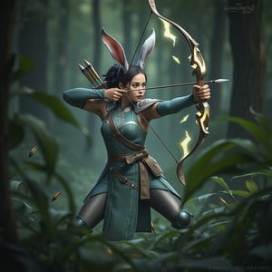 A striking portrayal of a beautiful woman transformed into a rabbit general, dressed in lightweight, flexible armor adorned with delicate carvings that blend seamlessly with her surroundings, allowing her to move effortlessly through the forest. She wields a mystical, intricately crafted bow that glows faintly, the legendary 'Qiankun Bow,' known for its unparalleled precision. Her long, agile rabbit ears are poised and alert, enhancing her awareness and agility, making her an elusive figure in the dense woods. Concealed among the trees and tall grasses, she draws her bow with intense focus, her gaze fixed on distant targets. Each arrow flies straight and true, guided by her flawless aim, hitting the mark every time from a hundred paces. This scene captures her as the ultimate symbol of stealth, precision, and agility, a warrior of unerring skill and unmatched grace in the art of archery. (realistic), (fighting stance:1.3), (dynamic-action), in the air,Fantasy detailers 