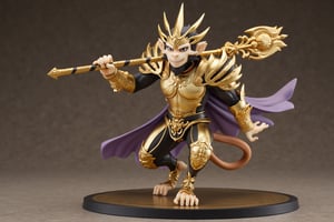 A highly detailed PVC figure of a personified monkey general, radiating agility and power. The general is clad in sleek, form-fitting armor that allows for maximum mobility, with intricate engravings and subtle gold accents that give a sense of both protection and flexibility. Atop his head, a shining golden crown rests, adding an air of nobility and mystique to his presence.
In his hand, he wields a golden staff, 'Ruyi Jingu Bang,' a legendary weapon beautifully sculpted with fine details along its length, symbolizing both wisdom and immense strength. The staff gleams with a metallic sheen, its size perfectly balanced in his agile grip, as if he could swing it with lightning speed at any moment. His stance is dynamic and poised, with one foot slightly raised as if he's about to leap into action, while his expressive face conveys sharp intelligence and playful confidence.
His entire figure exudes a sense of fluidity and readiness, as if he could dart across the battlefield or soar through the sky at any given moment. The PVC material highlights the sharpness of his armor, the gleam of his golden staff, all combining to create an impression of a warrior who is both agile and incredibly powerful. The monkey general’s pose and vibrant energy make him appear as if he's in the midst of a swift and strategic movement, ready to outmaneuver any opponent.. a 3D rendering of a figurine, Fantasy detailers, RPG Style