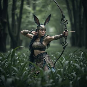 A striking portrayal of a beautiful woman transformed into a rabbit general, dressed in lightweight, flexible armor adorned with delicate carvings that blend seamlessly with her surroundings, allowing her to move effortlessly through the forest. She wields a mystical, intricately crafted bow that glows faintly, the legendary 'Qiankun Bow,' known for its unparalleled precision. Her long, agile rabbit ears are poised and alert, enhancing her awareness and agility, making her an elusive figure in the dense woods. Concealed among the trees and tall grasses, she draws her bow with intense focus, her gaze fixed on distant targets. Each arrow flies straight and true, guided by her flawless aim, hitting the mark every time from a hundred paces. This scene captures her as the ultimate symbol of stealth, precision, and agility, a warrior of unerring skill and unmatched grace in the art of archery. (realistic), (fighting stance:1.3), (dynamic-action), in the air,Fantasy detailers 