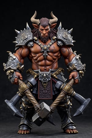 A highly detailed PVC figure of a personified bull general, standing powerfully in a dominant pose. The general is clad in heavy, intricately designed armor, with metallic textures that shimmer under light. The armor covers his broad chest and shoulders, adorned with sharp engravings and battle scars, indicating countless fights. His muscular arms, rippling with power, hold a pair of enormous war hammers in each hand. These war hammers are colossal, with spiked, metal heads and decorated handles, giving off an aura of destructive power. The bull's thick neck and large, curved horns emphasize his formidable presence, while his bulging muscles across his entire body showcase his immense physical strength. His posture suggests that he’s ready for battle, exuding an indomitable spirit. The PVC material adds a polished, collectible quality to the figure, with rich details in silver, dark bronze, and hints of red accentuating the fierce look. a 3D rendering of a figurine, Fantasy detailers, RPG Style