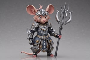 A highly detailed PVC figure of a personified mouse general, standing confidently in dynamic pose. The general wears intricately designed armor with metallic textures, giving off a reflective sheen under light. The armor features engravings and sharp edges, showing battle readiness. The general holds a powerful, sharp trident in one hand, with its prongs gleaming, ready to strike. The most distinctive feature is the large, round ears reminiscent of a classic cartoon character, giving the general a heightened sense of awareness. His alert posture and intense gaze suggest that he's prepared to react to the slightest disturbance. The PVC material adds a polished, collectible appearance to the figure, with subtle shading and a mix of silver, bronze, and gray tones. a 3D rendering of a figurine, Fantasy detailers, RPG Style