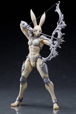 A highly detailed PVC figure of a personified rabbit general, standing poised and ready for action. The general wears sleek, lightweight armor, designed with smooth lines and sharp accents, providing both protection and agility. His long, muscular legs and athletic build are emphasized through the armor's form-fitting design, while his hands grip a large, mystical bow known as the 'Qiankun Bow.' This bow, intricately crafted with flowing curves and ancient runes, is legendary for its ability to strike targets with unerring accuracy, symbolizing the rabbit's unmatched skill in archery. The general stands with one foot slightly forward, his body tensed as if preparing to release an arrow with deadly precision. His long ears are raised high, reflecting his heightened senses and quick reflexes, constantly alert to his surroundings. The soft fur on his face contrasts with the cold, metallic sheen of his armor, giving him a blend of strength and agility. The PVC material enhances the figure's collectible quality, with rich details in silver, white, and light brown tones. His ears and posture emphasize his swift and agile nature, while the scene conveys a sense of tension and readiness as if the next shot is destined to hit its mark, no matter the distance. a 3D rendering of a figurine, Fantasy detailers, RPG Style