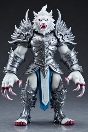 A highly detailed PVC figure of a personified white tiger general, standing in a fierce, battle-ready pose. The general is adorned in armor that blends sleek silver and white tones, resembling the majestic stripes of a tiger, with intricate patterns engraved across the plates. His powerful form radiates a deadly energy, as his sharp claws, attached to gauntlets on both hands, seem capable of slicing through even the air itself. These razor-sharp clawed gauntlets gleam menacingly, with curved, jagged tips that suggest immense lethality. The white tiger’s muscular frame is poised for combat, his fur meticulously sculpted to show fine details, blending smoothly with the armor. His intense eyes glow with a primal force, and his fanged mouth is slightly open, ready to roar. The PVC material adds a refined, collectible quality to the figure, with contrasting metallics and soft white tones creating a striking visual. The general’s claws are posed mid-swipe, as if he’s about to tear through anything in his path, with the air around him seeming to ripple with sheer power. a 3D rendering of a figurine, Fantasy detailers, RPG Style