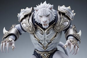 A highly detailed PVC figure of a personified white tiger general, standing in a fierce, battle-ready pose. The general is adorned in armor that blends sleek silver and white tones, resembling the majestic stripes of a tiger, with intricate patterns engraved across the plates. His powerful form radiates a deadly energy, as his sharp claws, attached to gauntlets on both hands, seem capable of slicing through even the air itself. These razor-sharp clawed gauntlets gleam menacingly, with curved, jagged tips that suggest immense lethality. The white tiger’s muscular frame is poised for combat, his fur meticulously sculpted to show fine details, blending smoothly with the armor. His intense eyes glow with a primal force, and his fanged mouth is slightly open, ready to roar. The PVC material adds a refined, collectible quality to the figure, with contrasting metallics and soft white tones creating a striking visual. The general’s claws are posed mid-swipe, as if he’s about to tear through anything in his path, with the air around him seeming to ripple with sheer power. a 3D rendering of a figurine, Fantasy detailers, RPG Style