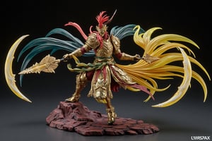 A highly detailed PVC figure of a personified pheasant general, exuding grace and lethal precision. The general is dressed in intricately designed armor, with smooth, polished plates that offer both protection and elegance. The armor is adorned with ornate patterns that mimic the natural beauty of pheasant feathers, adding a sense of refinement to his battle-ready appearance. Over his armor, he wears a stunningly colorful robe, its vibrant hues of gold, green, and red flowing elegantly with every movement, catching the light and mesmerizing onlookers with its brilliance.
In each hand, he wields a crescent-shaped blade, both beautifully crafted with razor-sharp edges that gleam in the light. The blades are designed to slice through the air with incredible precision, and every swing creates a perfect, fluid arc. His posture is dynamic yet controlled, showing off his mastery of the twin crescent blades as he moves with a dancer's grace, combining beauty with deadly efficiency. His entire form is poised for action, the swirling colors of his attire and the shine of his armor making him an awe-inspiring figure on the battlefield.
The PVC material brings out the richness of the textures—the smoothness of his blades, the reflective sheen of his armor, and the flowing, vibrant patterns of his colorful robe. The general’s movements are captured in a moment of perfect form, as his twin blades carve through the air in elegant, deadly arcs, a sight that leaves those who witness it captivated and breathless. a 3D rendering of a figurine, Fantasy detailers, RPG Style