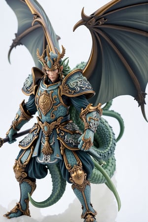 A highly detailed PVC figure of a personified dragon general, standing with a commanding and regal presence. The general is dressed in ornate, battle-worn armor, adorned with intricate dragon motifs that wrap around his chest and shoulders, reflecting his fierce strength and dragon-like power. On his head, he wears a jade crown, symbolizing both his nobility and his connection to ancient, mystical forces. In his right hand, he grips a long spear, the shaft decorated with swirling dragon patterns that seem almost alive, shimmering with a metallic sheen. At his waist hangs a finely crafted sword, its hilt wrapped in tassels that gently sway, adding a touch of elegance to his otherwise fearsome appearance.
The general's entire posture exudes an aura of confidence and dominance, his broad chest puffed out and his stance firm as he stands ready for battle. Behind him, a pair of large, powerful wings spread wide, each feather finely detailed, allowing him to take flight and soar through the heavens with ease. His wings, combined with his fearsome armor, give him the appearance of a warrior who can both rule the skies and dominate the battlefield. The PVC material highlights the sleekness of his armor, the shimmer of his crown, and the fluidity of his wings in mid-motion. His presence is awe-inspiring, as if he were about to leap into the sky, riding the winds and commanding the clouds with his indomitable spirit. a 3D rendering of a figurine, Fantasy detailers, RPG Style