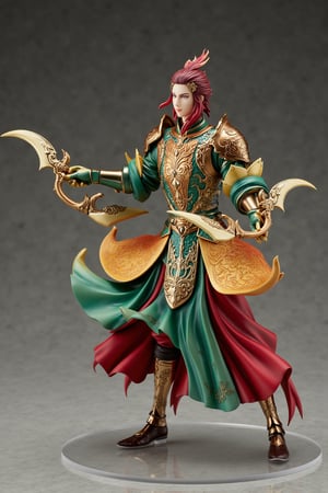 A highly detailed PVC figure of a personified pheasant general, exuding grace and lethal precision. The general is dressed in intricately designed armor, with smooth, polished plates that offer both protection and elegance. The armor is adorned with ornate patterns that mimic the natural beauty of pheasant feathers, adding a sense of refinement to his battle-ready appearance. Over his armor, he wears a stunningly colorful robe, its vibrant hues of gold, green, and red flowing elegantly with every movement, catching the light and mesmerizing onlookers with its brilliance.
In each hand, he wields a crescent-shaped blade, both beautifully crafted with razor-sharp edges that gleam in the light. The blades are designed to slice through the air with incredible precision, and every swing creates a perfect, fluid arc. His posture is dynamic yet controlled, showing off his mastery of the twin crescent blades as he moves with a dancer's grace, combining beauty with deadly efficiency. His entire form is poised for action, the swirling colors of his attire and the shine of his armor making him an awe-inspiring figure on the battlefield.
The PVC material brings out the richness of the textures—the smoothness of his blades, the reflective sheen of his armor, and the flowing, vibrant patterns of his colorful robe. The general’s movements are captured in a moment of perfect form, as his twin blades carve through the air in elegant, deadly arcs, a sight that leaves those who witness it captivated and breathless. a 3D rendering of a figurine, Fantasy detailers, RPG Style