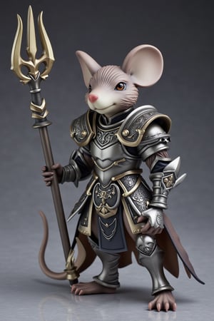 A highly detailed PVC figure of a personified mouse general, standing confidently in dynamic pose. The general wears intricately designed armor with metallic textures, giving off a reflective sheen under light. The armor features engravings and sharp edges, showing battle readiness. The general holds a powerful, sharp trident in one hand, with its prongs gleaming, ready to strike. The most distinctive feature is the large, round ears reminiscent of a classic cartoon character, giving the general a heightened sense of awareness. His alert posture and intense gaze suggest that he's prepared to react to the slightest disturbance. The PVC material adds a polished, collectible appearance to the figure, with subtle shading and a mix of silver, bronze, and gray tones. a 3D rendering of a figurine, Fantasy detailers, RPG Style