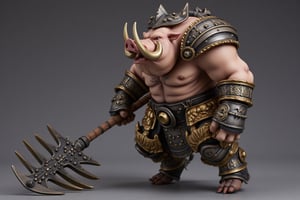 A highly detailed PVC figure of a personified pig general, merging both agility and ferocity in a single imposing form. The general is clad in robust, battle-worn armor, designed to protect his large, rotund body while allowing for surprising fluidity in his movements. The armor features intricate engravings and heavy plating, emphasizing his role as a powerful warrior despite his stout appearance, with flexible joints that enable him to maneuver swiftly across the battlefield.
In his hand, he grips a massive nine-tooth rake, a fearsome weapon with thick, sharp prongs designed to crush and impale his enemies. The rake’s long, sturdy handle is etched with battle scars, a testament to the many fights it has seen. The pig general wields it with ease, his hands positioned expertly to control the weapon’s weight and power, making him both a deadly and precise combatant.
His facial features are dominated by two large, sharp boar tusks that curve outwards from his jaw, adding a layer of intimidation to his already formidable presence. These tusks, gleaming under the light, further amplify his fierce and untamed nature, giving him the aura of a relentless warrior who charges into battle without hesitation. Despite his bulky physique, his movements are swift and calculated, showcasing an unexpected agility that makes him a formidable opponent on the battlefield.
The PVC material highlights the contrast between the rugged texture of his armor, the sharp gleam of his tusks, and the solid heft of the rake. His imposing tusks, combined with his nimble movements, create a captivating balance of brute strength and quick reflexes, marking him as a truly unique and fearsome general. a 3D rendering of a figurine, Fantasy detailers, RPG Style