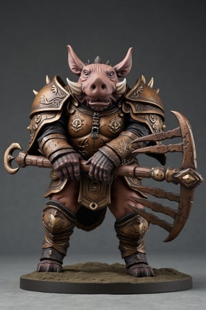 A highly detailed PVC figure of a personified pig general, merging both agility and ferocity in a single imposing form. The general is clad in robust, battle-worn armor, designed to protect his large, rotund body while allowing for surprising fluidity in his movements. The armor features intricate engravings and heavy plating, emphasizing his role as a powerful warrior despite his stout appearance, with flexible joints that enable him to maneuver swiftly across the battlefield.
In his hand, he grips a massive nine-tooth rake, a fearsome weapon with thick, sharp prongs designed to crush and impale his enemies. The rake’s long, sturdy handle is etched with battle scars, a testament to the many fights it has seen. The pig general wields it with ease, his hands positioned expertly to control the weapon’s weight and power, making him both a deadly and precise combatant.
His facial features are dominated by two large, sharp boar tusks that curve outwards from his jaw, adding a layer of intimidation to his already formidable presence. These tusks, gleaming under the light, further amplify his fierce and untamed nature, giving him the aura of a relentless warrior who charges into battle without hesitation. Despite his bulky physique, his movements are swift and calculated, showcasing an unexpected agility that makes him a formidable opponent on the battlefield.
The PVC material highlights the contrast between the rugged texture of his armor, the sharp gleam of his tusks, and the solid heft of the rake. His imposing tusks, combined with his nimble movements, create a captivating balance of brute strength and quick reflexes, marking him as a truly unique and fearsome general. a 3D rendering of a figurine, Fantasy detailers, RPG Style