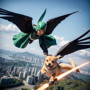 First-person perspective. Focus on energy blades. Pikachu wearing the Scout Regiment uniform from Attack on Titan, with a green cape flowing and the Wings of Freedom emblem on its chest. Engaged in battle, wielding dual blades with swift and powerful movements. Flying using ODM gear. Background is Taipei 101.