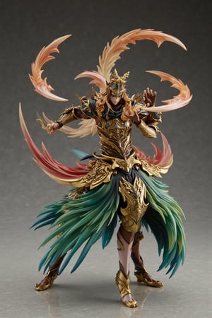 A highly detailed PVC figure of a personified pheasant general, exuding grace and lethal precision. The general is dressed in intricately designed armor, with smooth, polished plates that offer both protection and elegance. The armor is adorned with ornate patterns that mimic the natural beauty of pheasant feathers, adding a sense of refinement to his battle-ready appearance. Over his armor, he wears a stunningly colorful robe, its vibrant hues of gold, green, and red flowing elegantly with every movement, catching the light and mesmerizing onlookers with its brilliance.
In each hand, he wields a crescent-shaped blade, both beautifully crafted with razor-sharp edges that gleam in the light. The blades are designed to slice through the air with incredible precision, and every swing creates a perfect, fluid arc. His posture is dynamic yet controlled, showing off his mastery of the twin crescent blades as he moves with a dancer's grace, combining beauty with deadly efficiency. His entire form is poised for action, the swirling colors of his attire and the shine of his armor making him an awe-inspiring figure on the battlefield.
The PVC material brings out the richness of the textures—the smoothness of his blades, the reflective sheen of his armor, and the flowing, vibrant patterns of his colorful robe. The general’s movements are captured in a moment of perfect form, as his twin blades carve through the air in elegant, deadly arcs, a sight that leaves those who witness it captivated and breathless. a 3D rendering of a figurine, Fantasy detailers, RPG Style