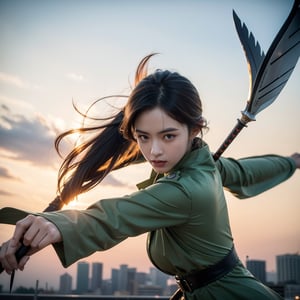 First person perspective. Focus on the energy light knife. A beautiful female high school student wears the uniform of the "Attack on Titan" Survey Corps. Her hair is purple and orange and tied into a ponytail. She has a flowing green cloak and the wings badge of the Survey Corps on her chest. He is in the midst of a battle, wielding his swords with swift and powerful movements. He uses a three-dimensional maneuvering device to fly. The background is Taipei 101.