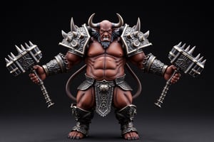 A highly detailed PVC figure of a personified bull general, standing powerfully in a dominant pose. The general is clad in heavy, intricately designed armor, with metallic textures that shimmer under light. The armor covers his broad chest and shoulders, adorned with sharp engravings and battle scars, indicating countless fights. His muscular arms, rippling with power, hold a pair of enormous war hammers in each hand. These war hammers are colossal, with spiked, metal heads and decorated handles, giving off an aura of destructive power. The bull's thick neck and large, curved horns emphasize his formidable presence, while his bulging muscles across his entire body showcase his immense physical strength. His posture suggests that he’s ready for battle, exuding an indomitable spirit. The PVC material adds a polished, collectible quality to the figure, with rich details in silver, dark bronze, and hints of red accentuating the fierce look. a 3D rendering of a figurine, Fantasy detailers, RPG Style