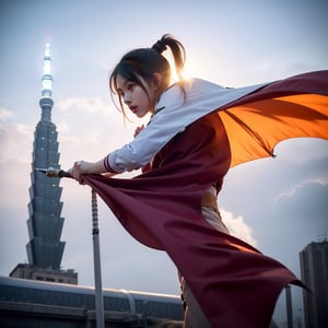 First-person perspective. Focus on energy blades. A beautiful high school girl wearing the Scout Regiment uniform from Attack on Titan, with iris purple to orange gradient hair tied in a ponytail. Her green cape is flowing, and she has the Wings of Freedom emblem on her chest. She is engaged in battle, wielding dual blades with swift and powerful movements. She is flying using ODM gear. Background is Taipei 101.