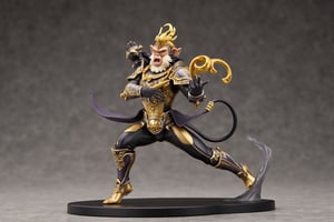 A highly detailed PVC figure of a personified monkey general, radiating agility and power. The general is clad in sleek, form-fitting armor that allows for maximum mobility, with intricate engravings and subtle gold accents that give a sense of both protection and flexibility. Atop his head, a shining golden crown rests, adding an air of nobility and mystique to his presence.
In his hand, he wields a golden staff, 'Ruyi Jingu Bang,' a legendary weapon beautifully sculpted with fine details along its length, symbolizing both wisdom and immense strength. The staff gleams with a metallic sheen, its size perfectly balanced in his agile grip, as if he could swing it with lightning speed at any moment. His stance is dynamic and poised, with one foot slightly raised as if he's about to leap into action, while his expressive face conveys sharp intelligence and playful confidence.
His entire figure exudes a sense of fluidity and readiness, as if he could dart across the battlefield or soar through the sky at any given moment. The PVC material highlights the sharpness of his armor, the gleam of his golden staff, all combining to create an impression of a warrior who is both agile and incredibly powerful. The monkey general’s pose and vibrant energy make him appear as if he's in the midst of a swift and strategic movement, ready to outmaneuver any opponent.. a 3D rendering of a figurine, Fantasy detailers, RPG Style