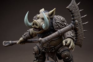 A highly detailed PVC figure of a personified pig general, merging both agility and ferocity in a single imposing form. The general is clad in robust, battle-worn armor, designed to protect his large, rotund body while allowing for surprising fluidity in his movements. The armor features intricate engravings and heavy plating, emphasizing his role as a powerful warrior despite his stout appearance, with flexible joints that enable him to maneuver swiftly across the battlefield.
In his hand, he grips a massive nine-tooth rake, a fearsome weapon with thick, sharp prongs designed to crush and impale his enemies. The rake’s long, sturdy handle is etched with battle scars, a testament to the many fights it has seen. The pig general wields it with ease, his hands positioned expertly to control the weapon’s weight and power, making him both a deadly and precise combatant.
His facial features are dominated by two large, sharp boar tusks that curve outwards from his jaw, adding a layer of intimidation to his already formidable presence. These tusks, gleaming under the light, further amplify his fierce and untamed nature, giving him the aura of a relentless warrior who charges into battle without hesitation. Despite his bulky physique, his movements are swift and calculated, showcasing an unexpected agility that makes him a formidable opponent on the battlefield.
The PVC material highlights the contrast between the rugged texture of his armor, the sharp gleam of his tusks, and the solid heft of the rake. His imposing tusks, combined with his nimble movements, create a captivating balance of brute strength and quick reflexes, marking him as a truly unique and fearsome general. a 3D rendering of a figurine, Fantasy detailers, RPG Style