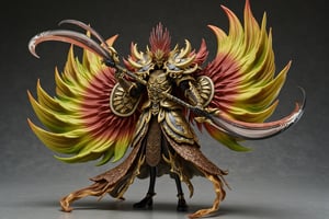 A highly detailed PVC figure of a personified pheasant general, exuding grace and lethal precision. The general is dressed in intricately designed armor, with smooth, polished plates that offer both protection and elegance. The armor is adorned with ornate patterns that mimic the natural beauty of pheasant feathers, adding a sense of refinement to his battle-ready appearance. Over his armor, he wears a stunningly colorful robe, its vibrant hues of gold, green, and red flowing elegantly with every movement, catching the light and mesmerizing onlookers with its brilliance.
In each hand, he wields a crescent-shaped blade, both beautifully crafted with razor-sharp edges that gleam in the light. The blades are designed to slice through the air with incredible precision, and every swing creates a perfect, fluid arc. His posture is dynamic yet controlled, showing off his mastery of the twin crescent blades as he moves with a dancer's grace, combining beauty with deadly efficiency. His entire form is poised for action, the swirling colors of his attire and the shine of his armor making him an awe-inspiring figure on the battlefield.
The PVC material brings out the richness of the textures—the smoothness of his blades, the reflective sheen of his armor, and the flowing, vibrant patterns of his colorful robe. The general’s movements are captured in a moment of perfect form, as his twin blades carve through the air in elegant, deadly arcs, a sight that leaves those who witness it captivated and breathless. a 3D rendering of a figurine, Fantasy detailers, RPG Style